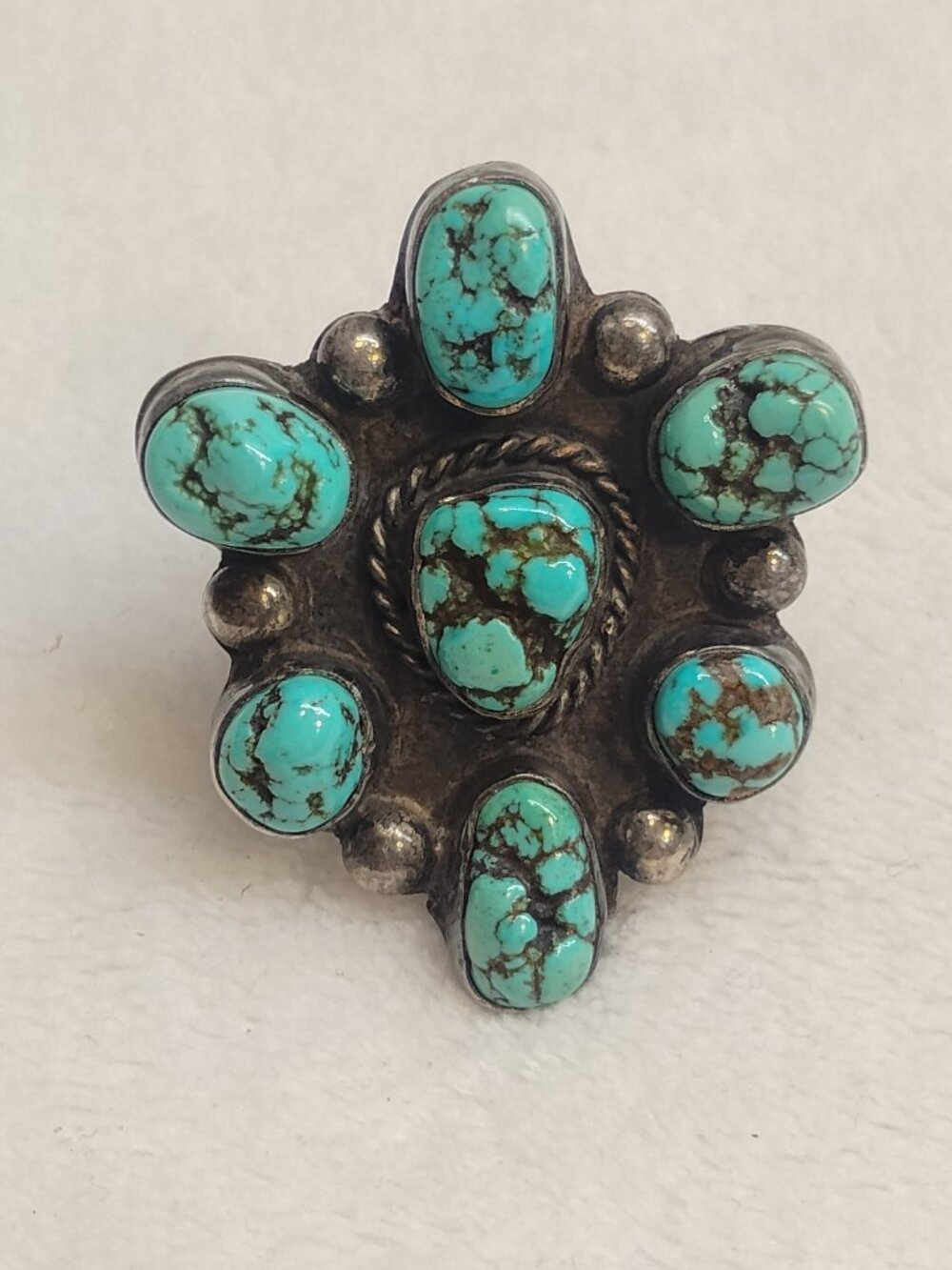Vintage Navajo Turquoise Cluster Sterling Silver Ring Native American Southwest - Picture 2 of 13